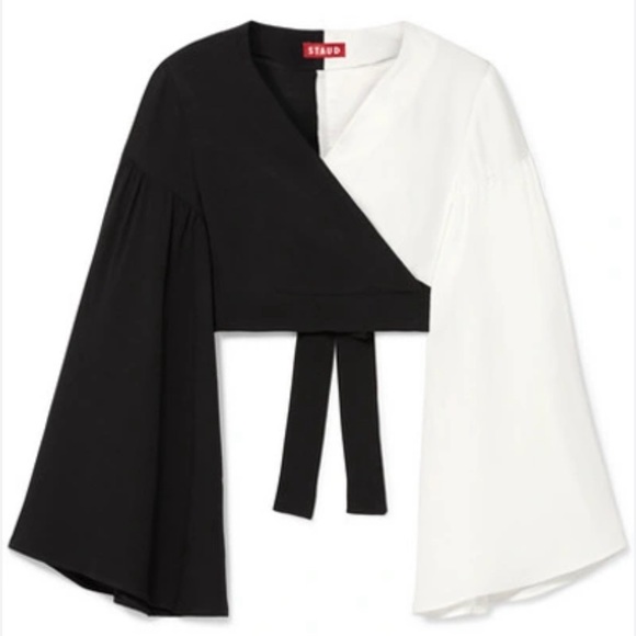STAUD - NWT CROPPED TWO-TONE CREPE DE CHINE WRAP TOP IN BLACK / WHITE - Picture 2 of 6